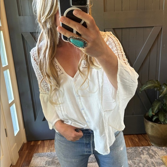 New Boho White Lace Festival Button Front Blouse Top Shirt Western Casual - Picture 2 of 9